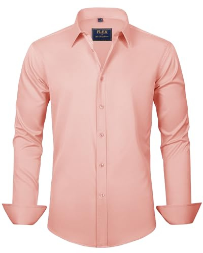 J.VER Camisas de Vestir para Hombre, sólidas, de Manga Larga, elásticas, sin Arrugas, para Negocios, Informales, con Botones, Coral, Large