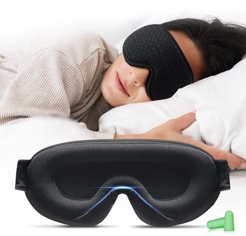 Aosun 3D Schlafmaske für Seitenschläfer, 2025 Upgrade Augenmaske für Frauen & Herren, 100% Lichtblockierend & Atmungsaktiv, Schlafbrille mit Verstellbarem Gummiband & Ohrstöpseln, Reisen, Büro, Yoga