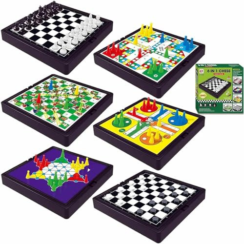 Saijer 6 en 1 Reisespiele Magnetic Spiel Mini Schach Spielesammlung Kinder tragbar Multifunktional Snake Flugschach Faltbar