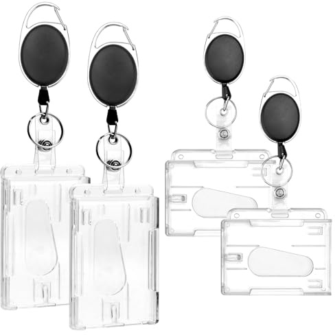 HENGBIRD Set 4 Porta Badge Rigidi Trasparenti Verticali e Orizzontali, Con Clip Cintura, Moschettone e Cordino Retrattile, Per Infermieri, Studenti, Lavoratori, Eventi e Trasporto Pubblico
