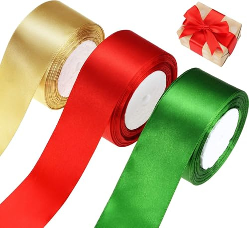 Nastro per regali, Natale, larghezza 25 mm, rosso, oro e verde scuro, per confezioni regalo, Natale, fai da te (rotolo da 23 m)