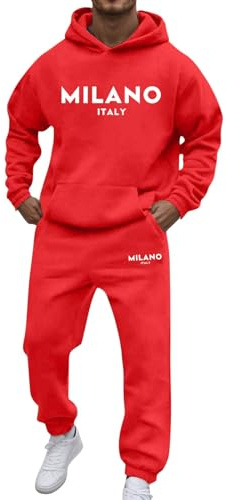 Survêtement en coton pour homme - Survêtement d'intérieur - Tenue décontractée - Sweat à capuche à manches longues avec poche et pantalon avec cordon de serrage - Imprimé lettres tendance, rouge, S
