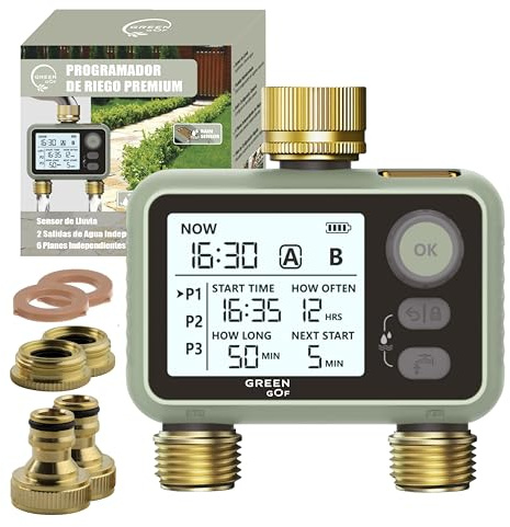 GREEN GOF Programador de Riego Premium. Conectores de Latón, 2 Salidas de Agua, Sensor de Lluvia, Temporizador de Bajo Consumo a Pilas, 6 Programas Independientes, Fácil e Intuitivo.