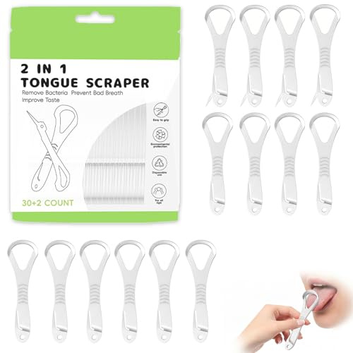 MYZWEL Pulisci Lingua e Stuzzicadenti 2 in 1, Raschietto Lingua per Alito Fresco e Igiene Orale, Pulizia Lingua Efficace contro la Patina, Set Portatile per Cura Dentale, Colore Bianco