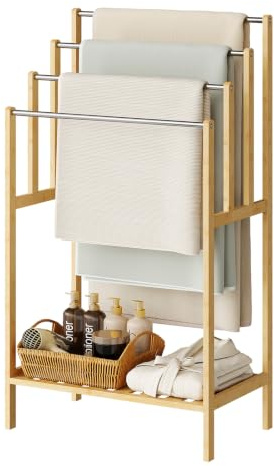 EUGAD Toallero de Baño, Toallero de Pie con 4 Barras de Acero Inoxidable y 1 Estante de Bambú Ventilado, Soporte Toallas en Escalera para Baño, Lavandería, Dormitorio y Recibidor, 50x30x90 cm