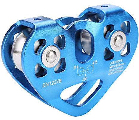 Kletterrolle 30KN Outdoor Klettern Doppelachse Doppelrolle Kabelwagen Herzförmige Tandemrolle(Blau)