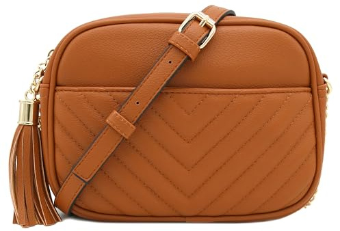FashionPuzzle Chevron Quilted Crossbody Camera Bag with Chain Strap and Tassel (Tan)