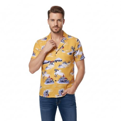AYYOHON Cliff Booth T-shirt, camicia hawaiana da uomo, a manica corta, top casual, Giallo, XL