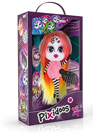 NICI Pixidoos Puppe Piku 20cm in Geschenkbox, inkl. Tattoo Sticker, Haarkamm & Freundschaftsarmband – Styling-Puppe Mädchen mit mehrfarbigen Haaren zum Kuscheln, Spielen, Stylen & Sammeln