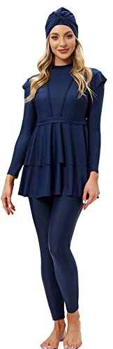 Odizli Costume da bagno musulmano da donna Burkini a maniche lunghe Built in Bra+Costume da nuoto + Hijab 3 pezzi, Blu, 4X-Large