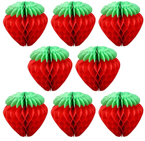 TSHAOUN 8 Stücke Erdbeer Wabenball Erdbeer Party Deko Geburtstagsdeko Hawaii Party Deko Kugel aus Erdbeer Papier Deko Set für Geburtstag, Weihnachten, Hochzeit, Garten, Schwimmbad (Rot)