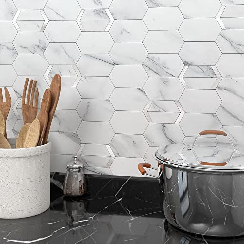M MOFIT Piastrelle per paraschizzi da cucina, finitura opaca, stacca e attacca, in marmo 3D, a nido d'ape, impermeabili (10 fogli, bianco argento)