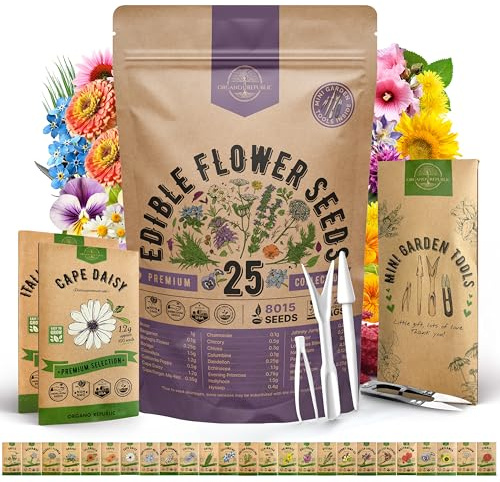Organo Republic 25 Edible Flower Seeds Variety Pack for Indoor Outdoor Gardening - 8,000+ Non-GMO Heirloom Flower Seeds - 2026 Season: Anise, Hyssop, Nasturtium, Pansy, Echinacea, Lavender, Chives