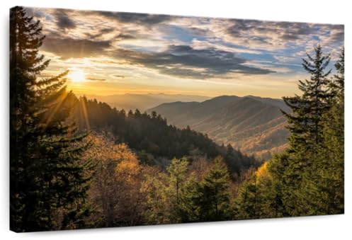 ElephantStock Sunrise In Smoky Mountains Canvas - 1 Panel Mountain Pictures Wall Decor - Nature Wall Art, Mountain Canvas Photography - Mountains Wall Art for Nature Lovers - 30 X 20