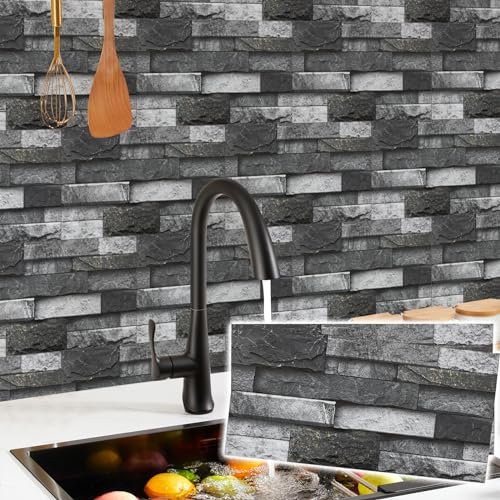 12 Pcs Kitchen Tile Stickers Stick on Tiles - Black/Grey Peel and Stick Wall Vinyl Self Adhesive Backsplash - Bathroom Brick Effect Stick on Tiles Waterproof 15 x 30 cm