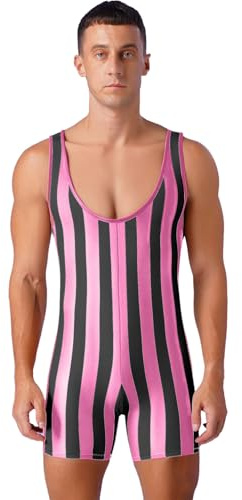 TiaoBug Mono De Lucha Rayado Para Hombres Sin Mangas Traje De Baño De Una Pieza Ropa Ajustado Para Clubes Nocturnos Rosa caliente XL