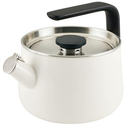 KitchenAid Teakettles Enamel-on-Steel Stovetop Whistling Teakettle, Induction Ready, Stainless steel Lid, 2 Quart - White