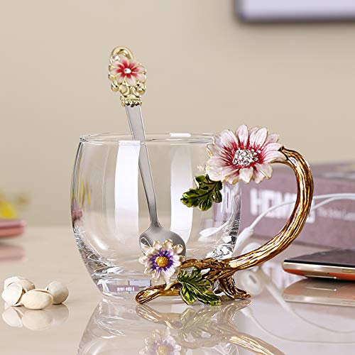 PPEA Glas Kaffee Emaille Becher Beste Geburtstagsgeschenke für Mama Bleifreie Glas Kaffeetassen Teetasse mit Stahllöffel, Geschenke für Frauen Frau Mum Lehrer Freunde Weihnachten