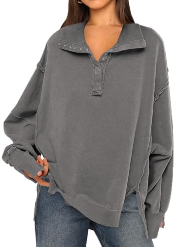 OLIPHEE Sudadera Mujer Sudadera Patchwork Gran Cuello V con Botones Suéter Vintage Talla Grande Sudadera sin Capucha Escote Doblado Manga Larga Sudadera Oversize Casual Sportwear Gris S