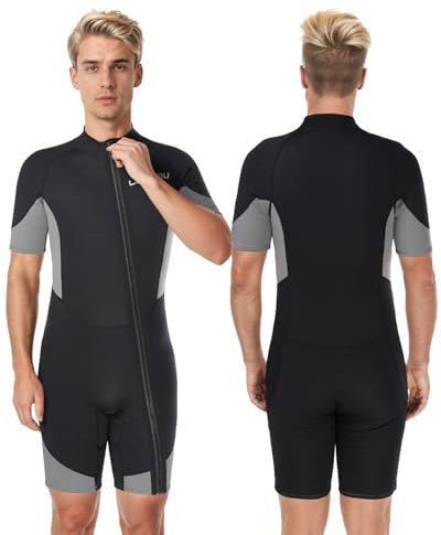 Lansru Herren Shorty Neoprenanzug, verbesserte 3mm Neoprenanzüge für Männer, Front-Vollreißverschluss-Design, UV-Schutz, geeignet zum Surfen, Schnorcheln, Tauchen, Schwimmen