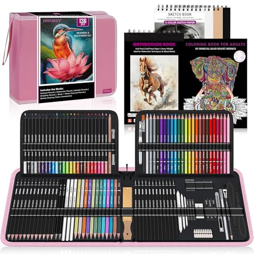 HIFORNY 136-teiliges Zeichen- und Skizzierset, Profi-Kunstzubehör mit Graphit, Anthrazit, Buntstiften, Aquarellstiften, Mischwerkzeuge, Skizzenbuch, Aquarellbuch und Malbuch- Rosa
