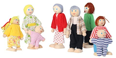 Rörligt Dockskåp i trä, Familjeuppsättning med Morfar, Mormor, Mamma, Pappa och 4 Barn, för Rollspel och Interaktion