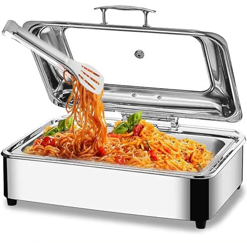 9L Chafing Dish Elettrico Professionale, Scaldavivande Elettrico per Buffet Commerciale, Contenitore Scalda Cibo Acciaio Inox con Copertura in Vetro Trasparente - Temperatura Regolabile(Size:GN1/1)