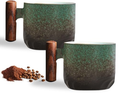 Set di 2 tazze da caffè espresso (2 x 70 ml) in ceramica, con manico, mini tazza da tè, tazza da caffè per espresso, tè (set da 2 – verde)