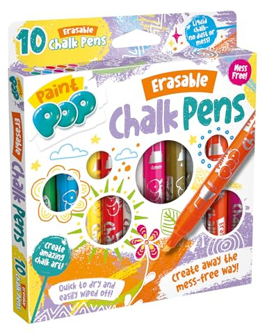 Paint Pop Erasable Chalk Pens 12 Pack - Kids Outdoor Washable Liquid Ink | Creative Neon Markers Glass Window Blackboard Whiteboard Mirror Board Nursery Easy Wipe Crafts Gifts for Children.