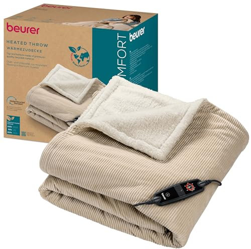 Beurer HD 80 Cord beige Heizdecke, kuschelige Wärmedecke mit 6 Temperaturstufen, recycelte Materialien, mit Abschaltautomatik und Sicherheitssystem, Kuscheldecke aus trendigem, weichem Cord-Stoff