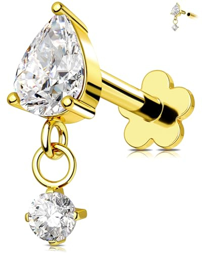 OUFER 16G Dangle Gold Cartilage Earring Internally Threaded Helix Jewelry Stainless Steel 316L Clear CZ Tragus Earring 6 mm Conch Piercing Jewellery for Women Helix Bar