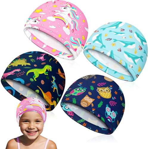 Gabotrie 4 PCS Kids Swim Caps, Cloth Fabric Swimming Caps, 4 Catoon Pattern