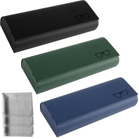 VFANDV Brillenetui Hardcase, 3 Stück Brillenetui PU Leder mit 3 Mikrofasertuch, Brillen Etui Hart für Damen und Herren, Glasses Case für Sonnenbrille, Lesebrille und Sportbrille