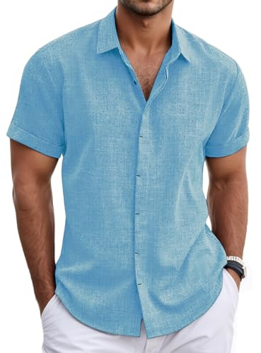 Neteson Camicia Lino Uomo Manica Corta Camicie Estiva Casual con Bottoni Shirt Tinta Unita Lavoro Camicia da Spiaggia Vacanza Regolare