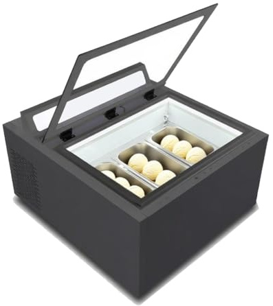 Kolice Commercial Tabletop Ice Cream Showcase Freezer, Countertop Ice Cream Display Freezer, Desktop Dipping Cabinet with 3 Pans, Auto Defrost, Anti-Fog Glass, LED light included, Black