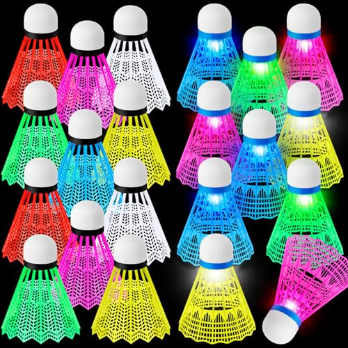 Soulchen 24 Pack 12 Pcs Badminton Birdies and 12 Pcs Glow in the Dark LED Shuttlecocks for Badminton Indoor Outdoor Training Exercise Gym Sports Activities(Plastic,Mixed Color)