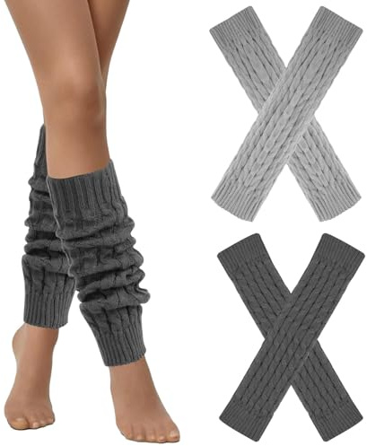 Risipu 2 Pairs Women's Knit Leg Warmers, Chunky Cable Knee-High Boot Cuffs, Cozy Crochet Ankle Warmers for Winter, leg warmers for women and girls (A-Light grey and dark grey, One Size)
