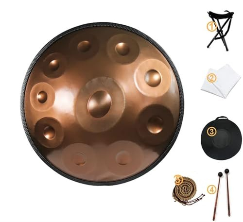 Tambor de mano en re menor kurdo 9 10 12 notas 440 Hz Tambor de mano de acero de 22 pulgadas con borde de ratán tejido for un rendimiento profesional(22 inch 10 notes)