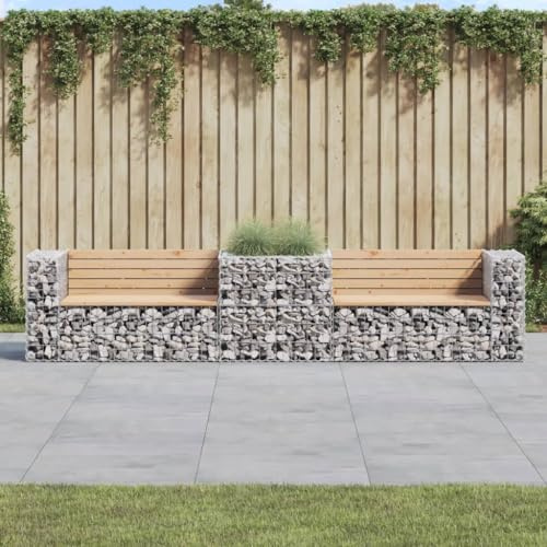 YunCangg trädgårdsbänk med gabion av massiv furu och galvaniserat stål, set om 2 med planteringslåda, väderbeständig, kompakt för terrass balkong framträdgård, med ryggstöd och armstöd