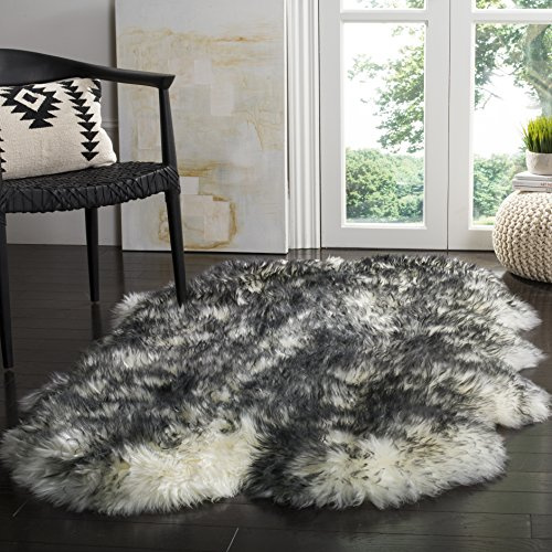 SAFAVIEH Sheep Skin Collection Accent Rug - 3'7 x 5'11, Ivory & Dark Charcoal, Handmade Rustic Glam Genuine Pelt, 3.4-inch Thick Ideal for High Traffic Areas in Foyer, Living Room, Bedroom (SHS121G)