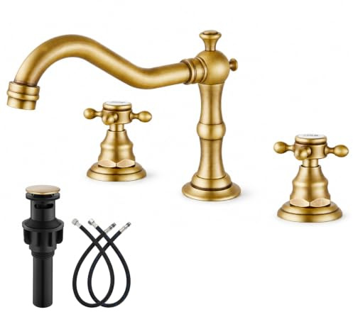 gotonovo Bathroom Faucet 3 Hole 8 Inch Widespread Bathroom Sink Faucet 2 Cross Handles Vintage Lavatory Vanity Mixer Tap with Pop Up Drain, HOT Cold Label, Antique Brass