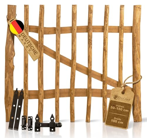 BooGardi Puerta de jardín de madera en 14 tamaños · 100 cm de ancho · 80 cm de alto · distancia entre listones de 7 x 9 cm · Puerta de estacas · Puerta de granja avellana para valla de estacas