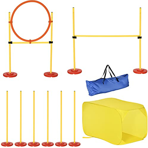 PawHut Agility Sport pour Chiens équipement Complet Haies, Slalom, Tunnel + Sac de Transport Jaune