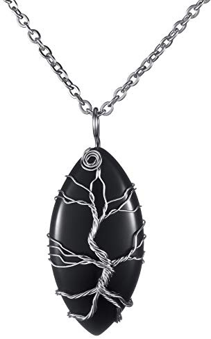Svart obsidian hänge vintage Reiki helande kristall hänge halsband silver livets träd tråd inslagen ädelsten chakra halsband, Aluminiumlegering Obsidian, Obsidian