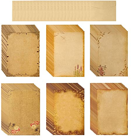 48 ark vintage brevpapper, vintage brevpappersset, dubbelsidigt skrivarpapper, bröllopsinbjudan gratulationskort, medeltida brevpapper, motivpapper, anteckningspapper (A)