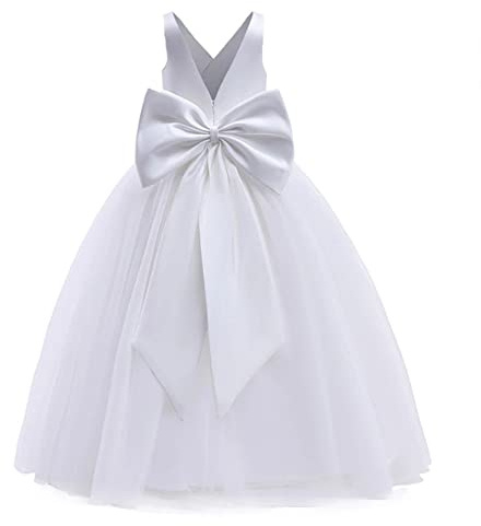 FYMNSI Vestido de niña de flores, vestido de primera comunión para niños, de manga corta, de malla, tutú, princesa, línea A, hinchada, boda, dama de honor, noche, Blanca Con Cuello En V, 5-6 Años