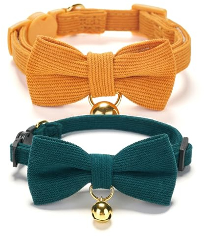 Petiry Soft Corduroy Cat Collars - Breakaway Kitten Collars with Removable Bow Ties & Gold Bells,Pack of 2,Green Orange