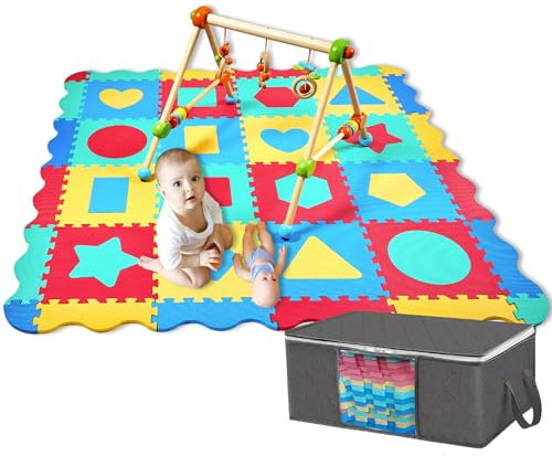Cantoblanc® Tapis Puzzle Bebe. Tapis d Eveil Bebe + Sac de Rangement. Tapis Motricité Bébé. 36 Dalles Mousse Figures Géométriques et Bordures. Grande Taille et épaisseur (140 * 140 * 1,2cm)