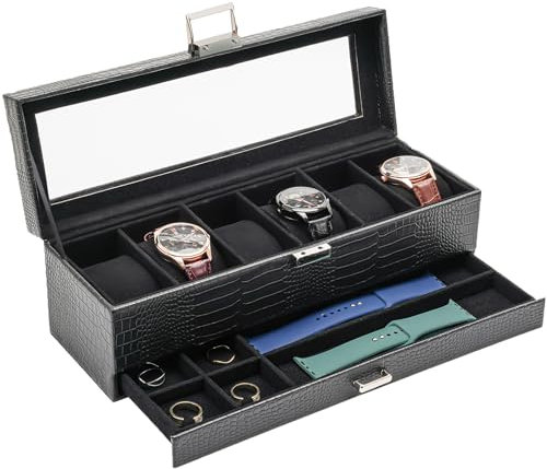 ProCase Uhrenbox mit 6 Fächern，Uhrenkasten mit Glasdeckel, 2 Ebenen, Uhrenkoffer mit herausnehmbaren Uhrenkissen, Uhrenschatulle für Schmuck, Ringe, Armbänder und Halsketten -Eidechsenschwarz