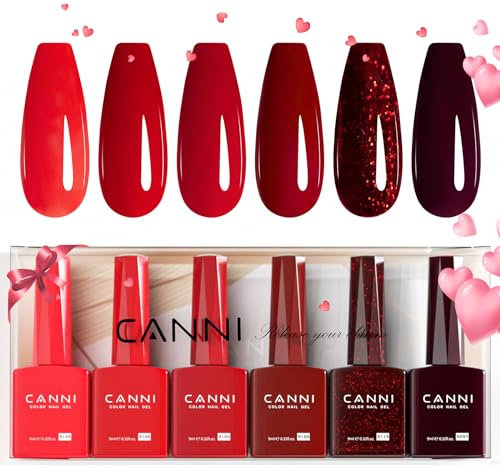 CANNI Esmaltes Semipermanentes de Uñas en Gel 6 Color rojo brillante rojo intenso UV Gel Kit Gel Nail Polish Esmalte Uñas Valentín Kit Uñas Semipermanentes Pintauñas Semipermanentes Set